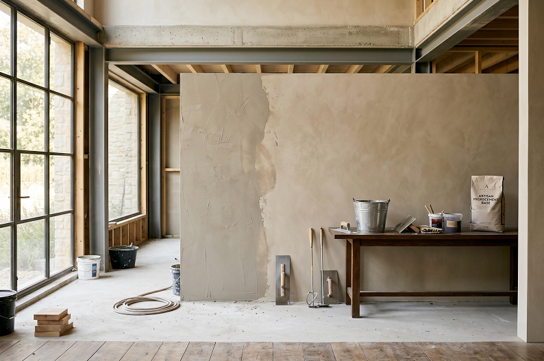 Cantiere con materiali per microcemento